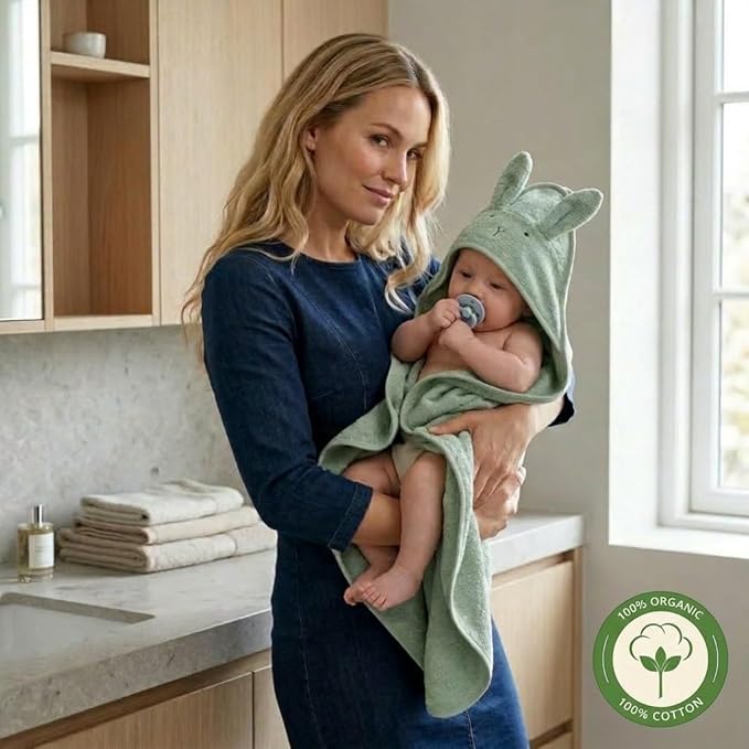 Hooded Baby Towel – 100% Organic Cotton Baby Bath Towels – Baby Boy Newborn Essentials - Super-Soft and Absorbent. (Rabbit - Roman Green)