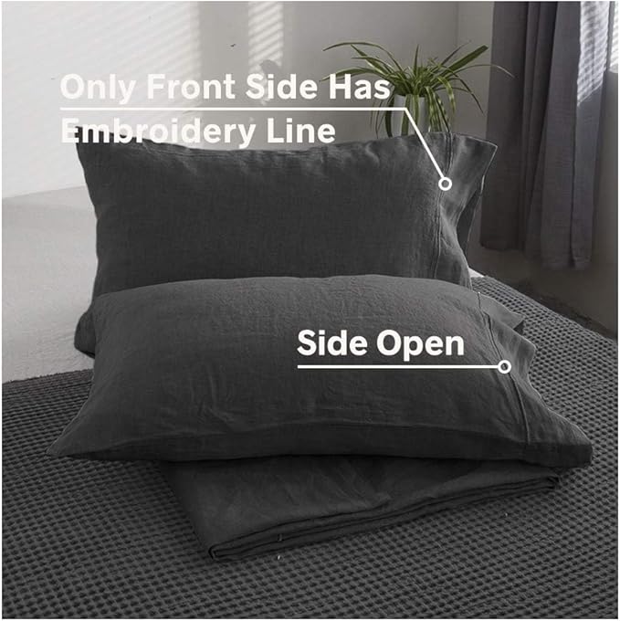 100% French Linen Pillowcases with Embroidery - Pack of 2 - Washed Solid Color Natural Flax Soft Breathable - Dark Grey, 20'' x 30''
