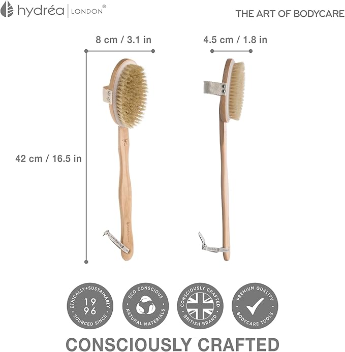 Hydrea London Body Brush Back Scrubber - Shower brush with long handle 100% Natural Bristle, Dry Skin Brush, Exfoliating Cellulite Brush - FSC® Certified Beechwood.