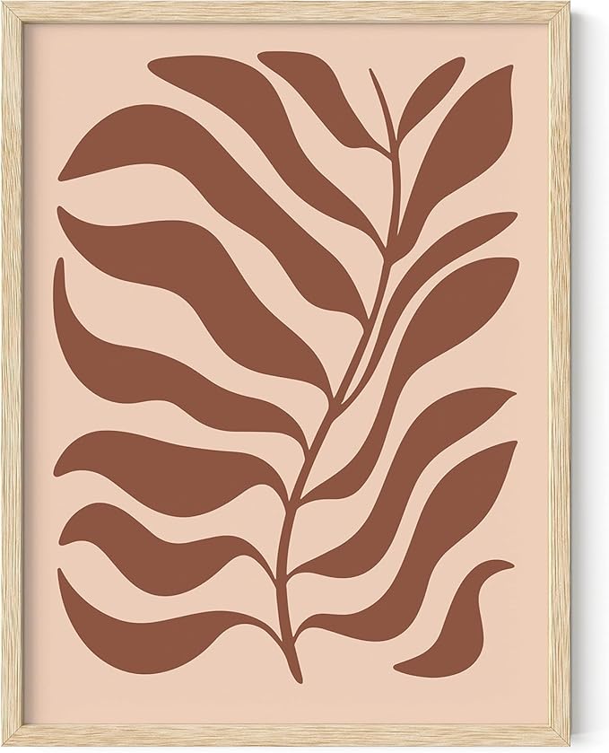 Abstract Organic Leaf Silhouette Wall Art Botanical Shapes Earth Tones Terracotta Mid Century Modern 12x16 Inch Oak Wood Beige Framed Minimalist Print for Bedroom Decor