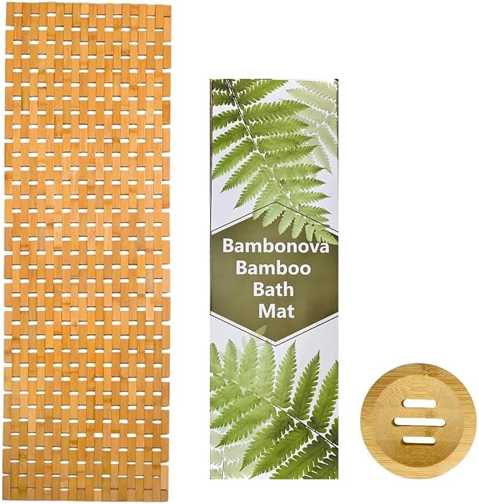 Bamboo Bath Mat 48 x 16 Inches and Wooden Soap Dish Set Bathroom Rugs Bathtub Mat Non Slip Bath Mats for Bathroom, Kitchen Sauna Spa Hot Tub Outdoor Decor