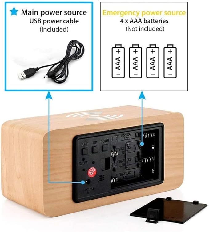 Digital Alarm Clock LED Wood Clocks,Temperature Display/Voice-Activated/Date/12/24 Hours,3 Alarms for Bedroom Office,Bamboo(Brown)