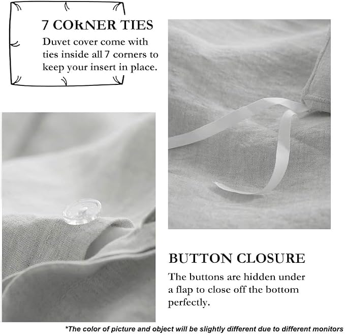 Simple&Opulence 100% Linen Duvet Cover Set with Embroidery Border Washed - 3 Pieces (1 Duvet Cover with 2 Pillow Shams) with Button Closure Soft Breathable Farmhouse - Light Grey, Queen Size