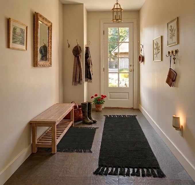 Seavish Black Kitchen Rug Set, 2x3+2x4.3 Boho Cotton Woven Area Rug, Washable Throw Rug Set, Farmhouse Floor Mat for Laundry Room Bedroom Bathroom Restroom Doorway Patio Porch