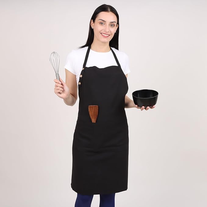 Kitchen Apron Waterdrop Resistant 2 Pack Cotton Apron with adjustable Aprons for Women with Pockets Cooking Apron Men Unisex (Black)