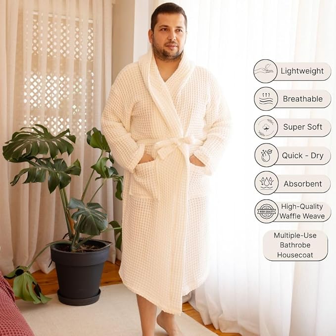 100% Turkish Cotton Men's Waffle Robe with Hooded, Premium Soft Cozy Housecoat or Quick-Dry Bathrobe for Mens