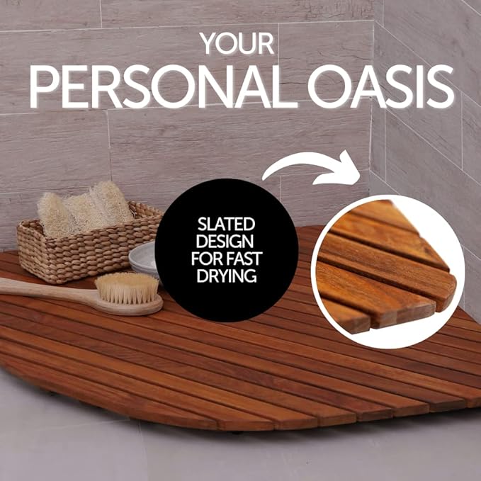 Nordic Style Teak Shower, Bath and Spa Mat | Indoor + Outdoor Use | Non-Slip Wood Platform | Spa, Sauna, Pool, Hot Tub | Luxury Decor (Oiled Finish, 30" X 30" (Rounded Edge Corner))