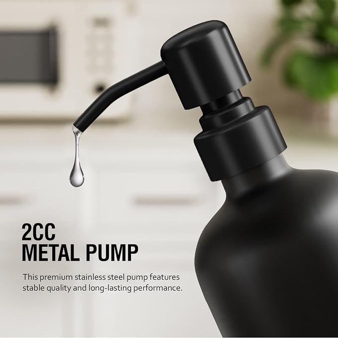MOMEEMO Matte Black Soap Dispenser Set, Contains Dish Soap Dispenser for Kitchen and Hand Soap Dispenser with Ceramic Tray, Suitable for Black Kitchen Decor. (Black)