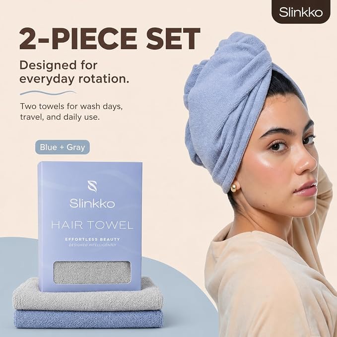 Microfiber Hair Towel Wrap for Women – Ultra Absorbent Quick Dry Turban | Button & Loop Design | Soft Lightweight Fabric | Reduces Frizz & Breakage | All Hair Types | Blue & Grey