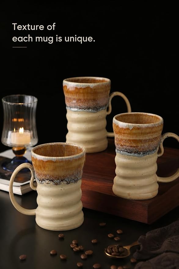 17oz Large Unique Cool Tall Handmade Ceramic Coffee Mug with Comfortable Big handle, Big Pottery Tea Mug, Artisanal Stoneware Coffee cup, Rustic Lead-free Tea Cups, Microwave safe,Biege and Brown