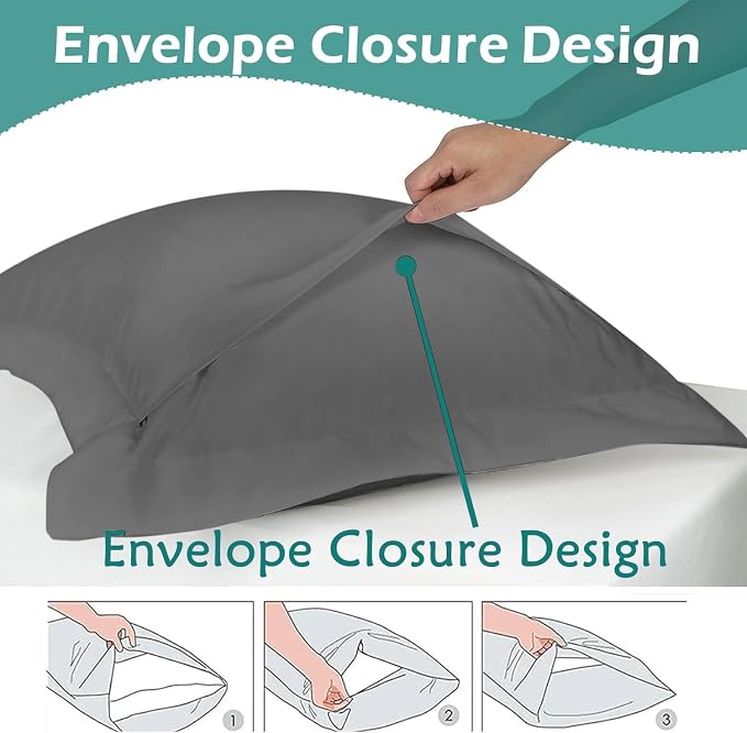 2 Pack Pillow Shams Standard Size 20x26 – 600 Thread Count 100% Organic Cotton Grey Pillow Covers with 2 Inch Flange, Soft & Smooth Premium Hotel-Quality Pillowcases Set of 2