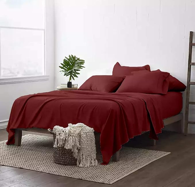100% Real Certified Organic Cotton Bedsheet Set, Short-Queen Size 6 Piece 1000 Thread Count Sheets Sets, [1 Fitted + 1 Flat + 4 Pillowcases], Extra 24" Deep Pocket - Burgundy