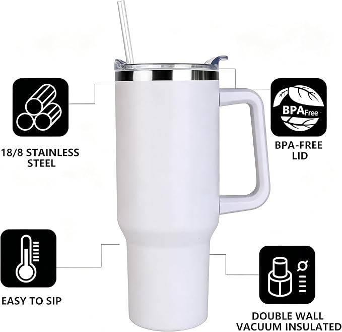 SYACOT 40 oz Tumbler with Handle and Straw Stainless Steel Insulated Tumbler Leak Proof Lid and Straw Lid Reusable Travel Mug Coffee Mug Cup Dishwasher Safe Keep Drinks Cold and Hot (Winter White)