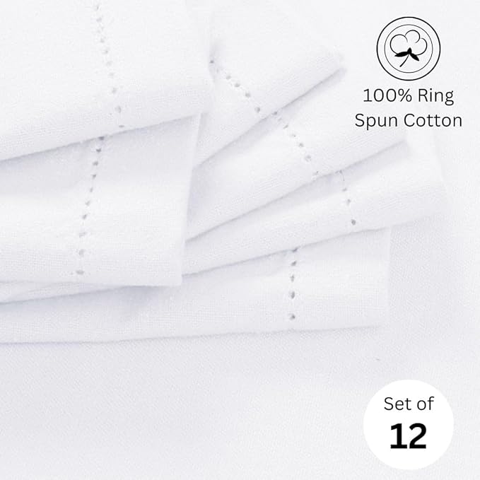 Hemstitch Dinner Napkins 100% Cotton Set of 12 - for Dining Weddings Parties Restaurants Holidays Easter Everyday Use - Soft Durable Washable Table Napkins - 18x18 Inch Cloth Napkins White