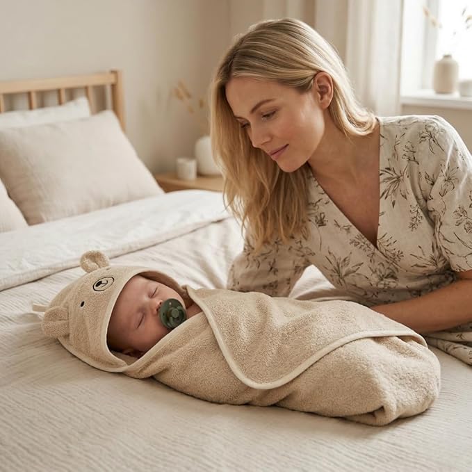 Hooded Baby Towel – 100% Organic Cotton Baby Bath Towels – Baby Boy and Girl Newborn Essentials - Super-Soft and Absorbent. (Bear Fog)