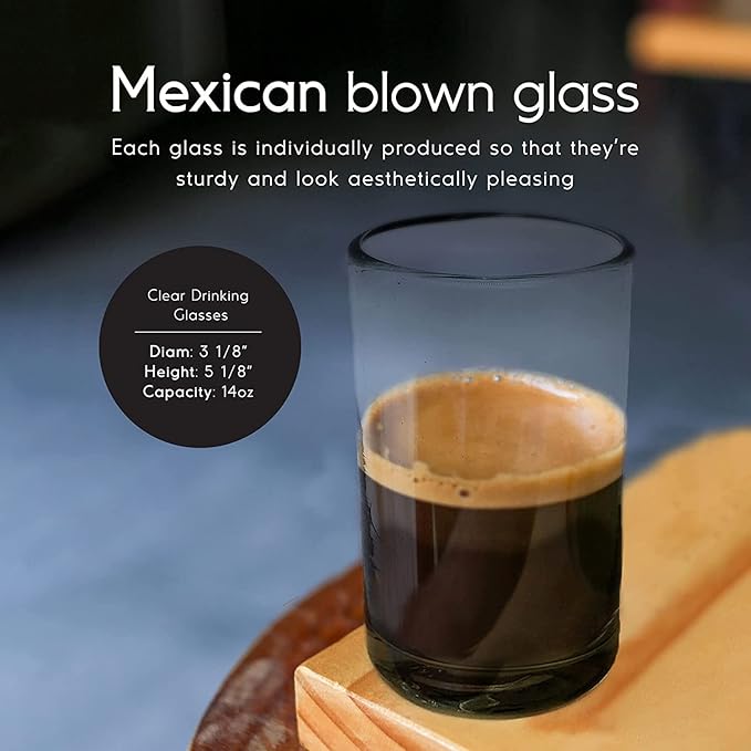 Clear 14 oz Drinking Glasses (Set of 6) | Hand Blown Mexican Glassware | Recycled Glass Drinking Glasses for Water, Juice, Margarita, Cocktails & Whiskey, Lead-Free Toxin Free