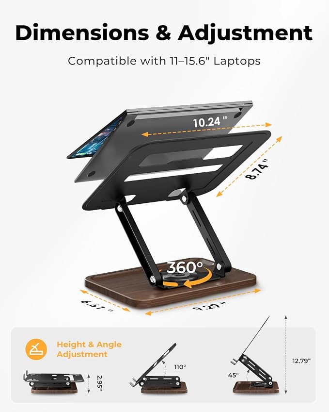 SupeDesk Adjustable Laptop Stand with 360° Rotating Base, Ergonomic Laptop Riser for Desk, Ventilated Notebook Stand with Storage Tray, Wood Base & Silicone Pads for Laptops, Tablets & Books