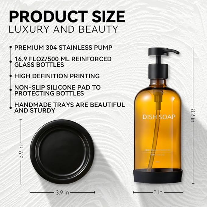 Glass Soap Dispenser Bathroom Set by Janxin, Foaming Kitchen soap Dispenser with Ceramic Tray for Dish Soap, Liquid Soap Dispenser for Hand Soap, Lotion, Body Wash (Amber)