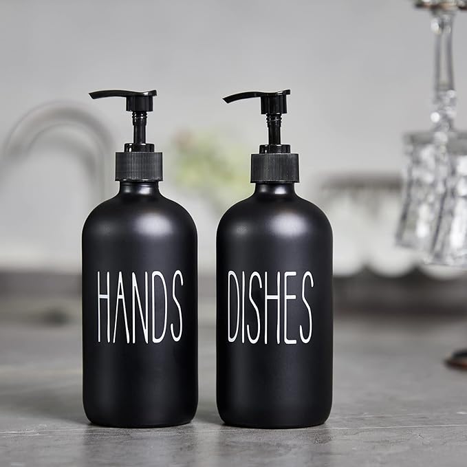 COHOSEGE Glass Soap Dispenser Set 2 Pack,Contains Hand and Dish Soap Dispenser.Premium 16 Oz Black Kitchen Soap Dispenser Set for Kitchen Sink and Farmhouse Decor
