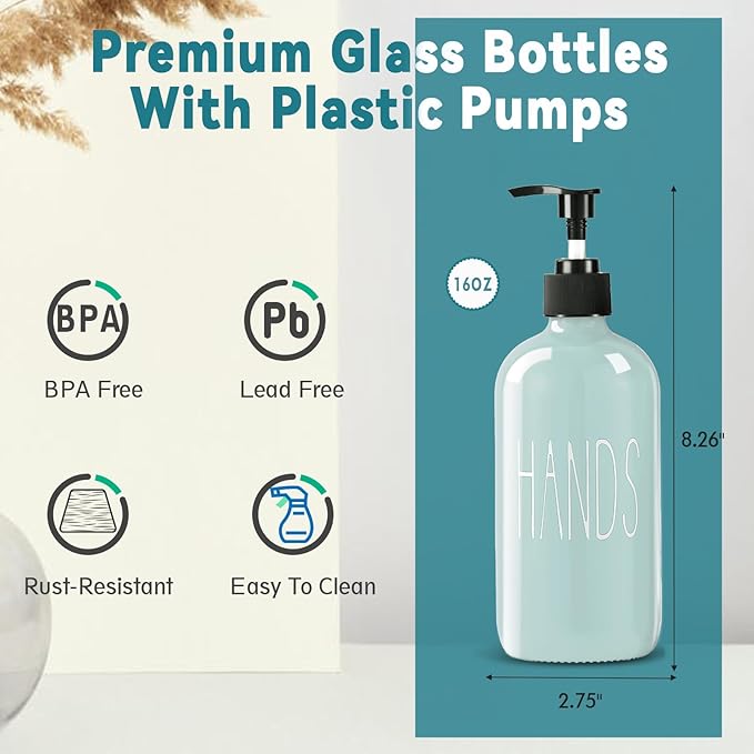 COHOSEGE Glass Soap Dispenser Set 2 Pack,16 Oz Dish Soap Dispenser for Kitchen Sink,Green Kitchen Accessories and Kitchen Decor,Green Decorations and Kitchen Utensils for Kitchen