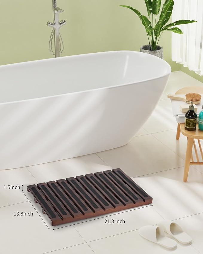 Bamboo Bath Mat, Bamboo Shower Mat for Bathroom, Non-Slip Bathroom Mat with Anti-Slip Stickers, Easy Clean Wooden Bath Floor Mat for Indoor Outdoor （ Brown, 21×13×1.57Inches）