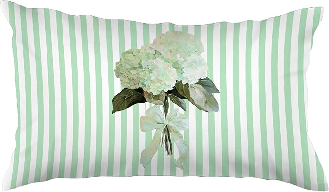 Cottagecore Mint Green Hydrangea Floral 12x20 Pillow Cover, Preppy Girly Bow Botanical Flower Green Striped Decorative Lumbar Pillow Cover for Girls Room Dorm Bedroom Living Room Home