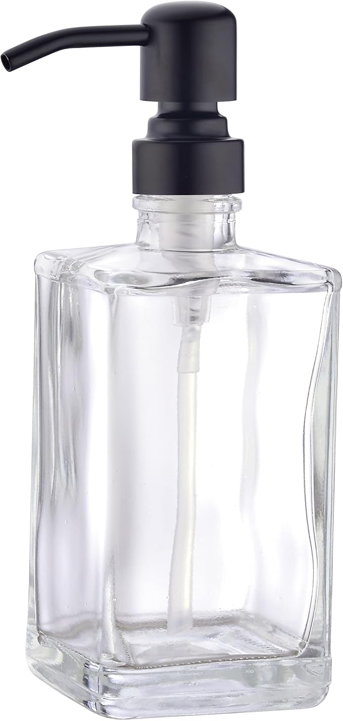 13.5 Oz Clear Glass Soap Dispenser with Matte Black Rust-Proof Stainless Steel Pump - Refillable Hand/Dish Soap Dispenser for Bathroom Countertop & Premium Kitchen
