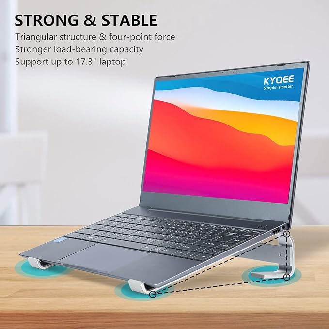 Laptop Stand for Desk, Ventilated Aluminum Laptop Riser, Silver | Stable Typing Support, Fixed 17° Angle, 2.5 in Lift, Silicone Pads, Open Airflow, Fits Most 11–16 in Laptops, Tool Included