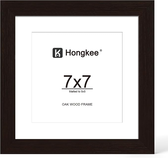 Hongkee 7x7 Oak Wood Picture Frame 1 Pack(Matted 5x5) with Real Glass Cover | Black, 7 x 7 Solid Wood Frame for Wall or Tabletop Display - Includes Easel Back, Vertical Hang - Ideal for Home, Office