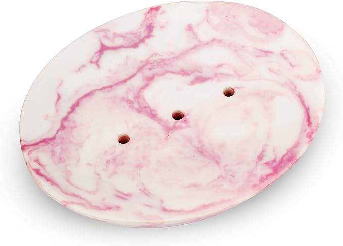 Ajuny Marble Resin Soap Dish Self Draining Oval Bar Soap Holder White & Pink Countertop Tray Soap Saver for Bathroom Shower Kitchen Sink & Bathtub Easy to Clean