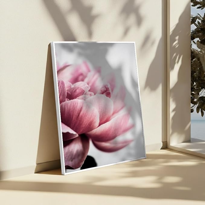 Monem Art Pink Peony Macro Photography Print - Minimalist Floral Art Poster - Wall Decor for Living Room, Bedroom or Office - 24x32 White Framed CANVAS Wall Art by Mareike Bohmer