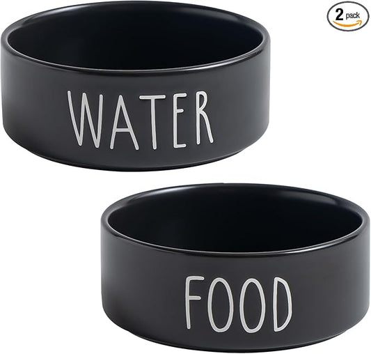 Ceramic Dog Bowls Set of 2 - Weighted Dog Dishes with Food & Water Lettering for Cats and Small Dogs, Food Grade Pet Bowl, Dishwasher & Microwave Safe (5.1 inch, 2 * 16oz, Black)