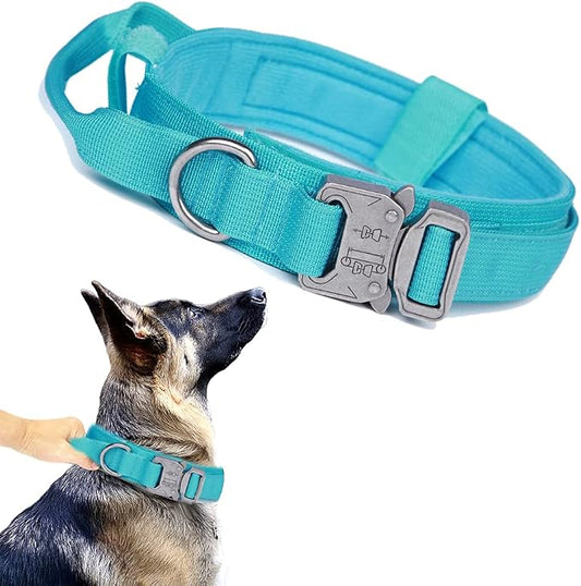 Tactical Dog Collar Adjustable Military Nylon Dog Collar with Control Handle and Heavy Duty Metal Buckle for Medium and Large Dogs (Blue,XL)