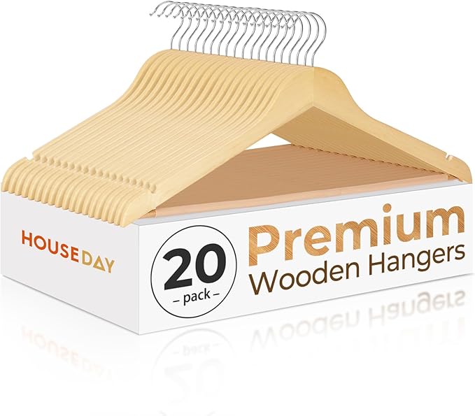 HOUSE DAY Premium Wooden Hangers 20 Pack - Heavy Duty & Durable Coat Hanger | Natural Wood Suit Hangers, 360° Swivel Hook & Pant Bar, Ideal for Jackets, Dresses, Shirts, Perfect for Closet Organization