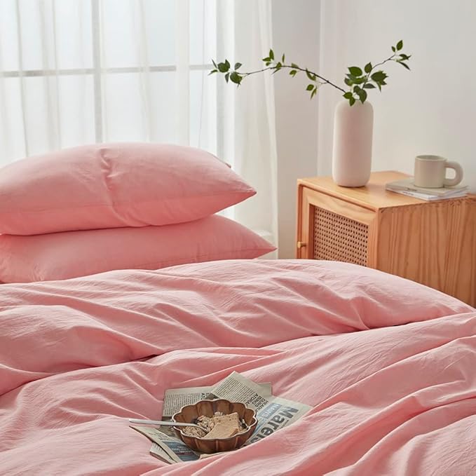 FACE TWO FACE Bedding Duvet Cover Set100% Washed Cotton Duvet Cover Linen Like Textured Breathable Durable Soft Comfy (Queen, Light Pink)
