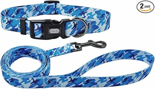 Dog Collar Leash Set, Camouflage Pattern, Polyester Material, Adjustable Collar and 5ft Matching Leash, for Large Dogs.(L, Blue Camo)