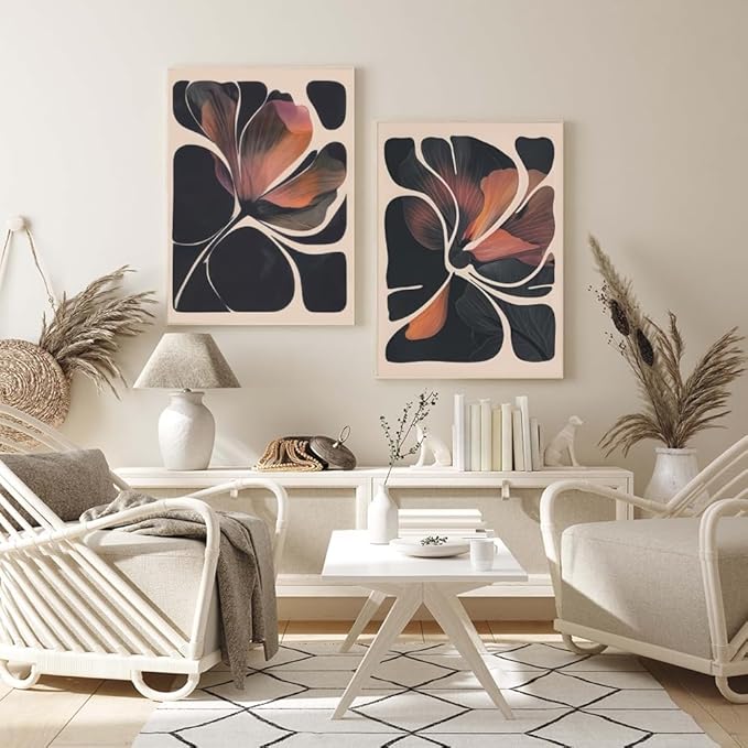 Abstract Floral Wall Art Prints Set of 2 Modern Mid Century Botanical Canvas Painting Posters Black Orange Flower Picture Wall Decor Aesthetic for Bedroom Home Decor 24x36inch Wrapped Framed