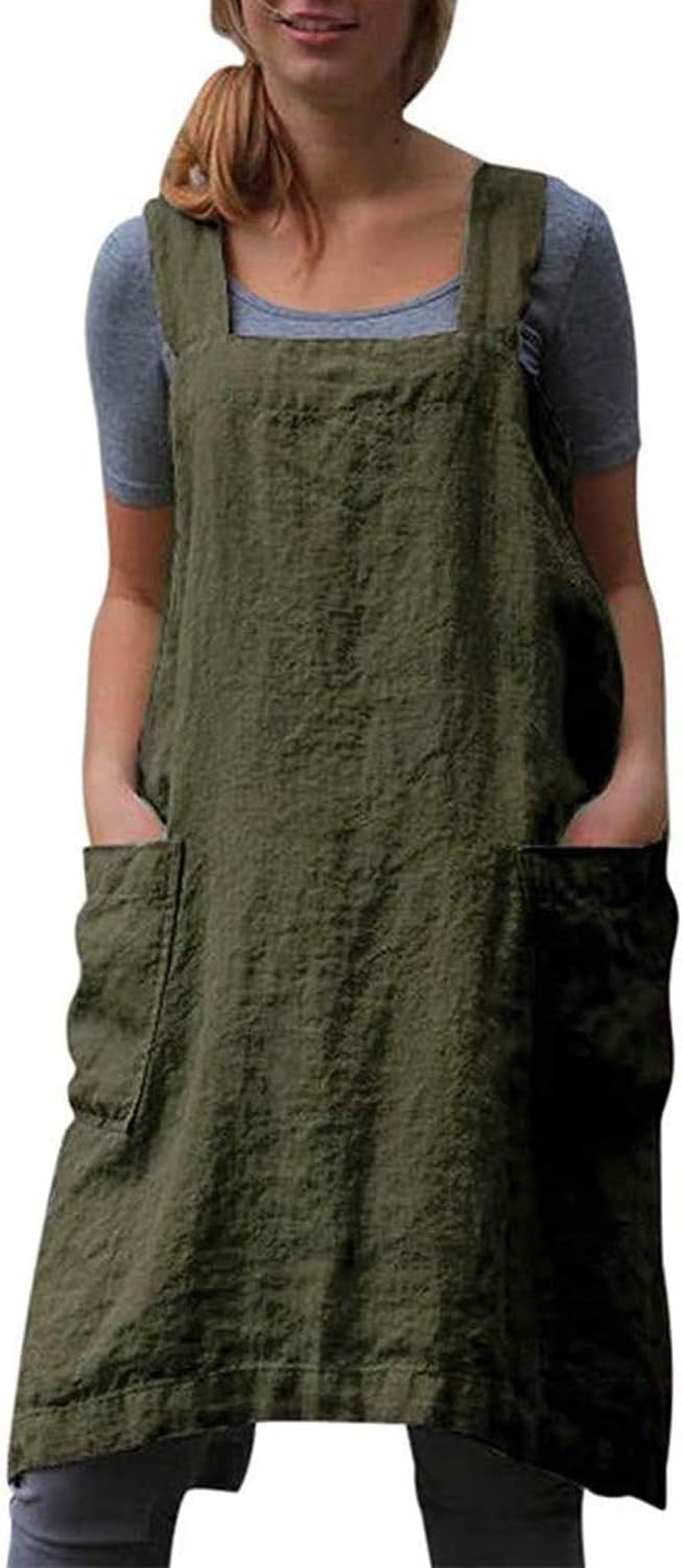 Cotton Linen Apron Cross Back Apron for Womens with Pockets Pinafore Dress for Baking Cooking
