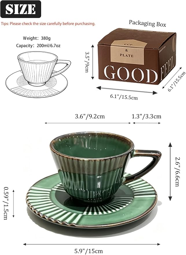 Ceramic Coffee Cup and Saucer Set, 6.7 oz Espresso Cup Set with Plate, Forest Green Ceramic Tea Cup for Latte, Cappuccino, Coffee Bar and Kitchen Décor