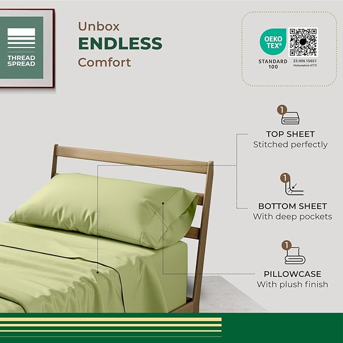 THREAD SPREAD 100% Organic Cotton Sheets Twin Size - 3 PC Organic Cotton Twin Percale Weave Sheet Set, Soft, Cooling, Crisp & Breathable, 16" Deep Pocket Bedding Set for Dorm Room - Sage Green