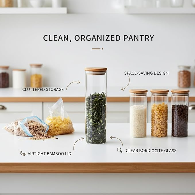 Borosilicate Glass Storage Jars with Bamboo Lids, Clear Kitchen Canisters for Pantry Organization of Dry Goods, Coffee, Tea, and Grains