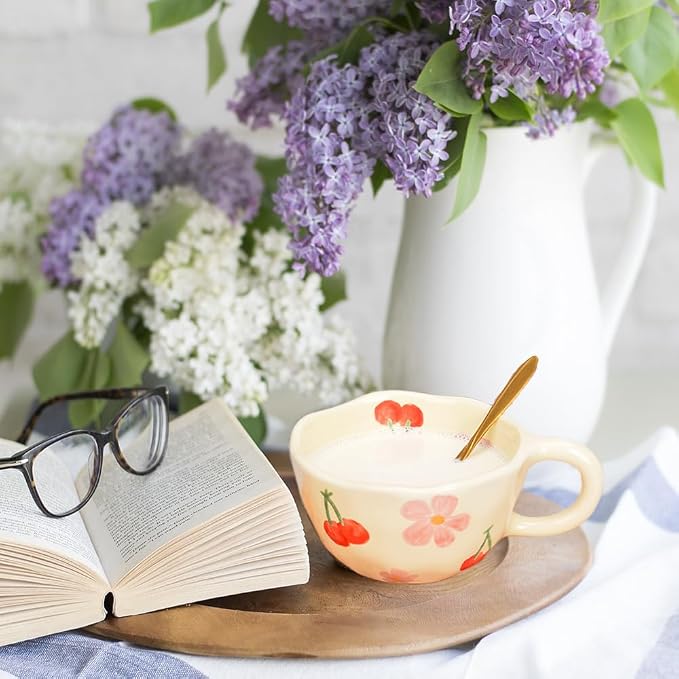 Cute Coffee Mug Gift for Women Ceramic Tea cup Kawaii mugs Handmade Creative Flower Pink mug with Spoon Aesthetic mugs for Cappuccino Milk Cocoa, 8.5 oz Cheery Mug for Mom Mother day (Pink)