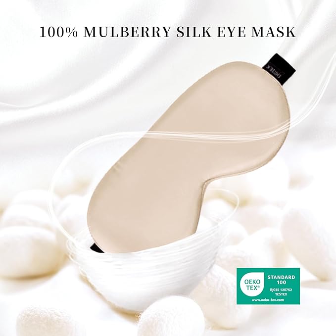 THXSILK Sleep Mask 100% 19 Momme Pure Mulberry Silk Super Smooth Cooling Sleep Eye Mask Blackout for Women/Man/Kids Eye Cover with Wide Head Strap Good Night Sleep Comfortable Travel and Nap Champagne