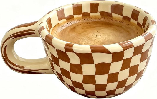 Ceramic Coffee Mug 5.7Oz Small Checkered Coffee Cups Alpine Pattern Hot Chocolate Cup Handmade Checkerboard Latte Mug Aesthetic Gift for Coffee Lovers Microwave Safe,Brown checkered