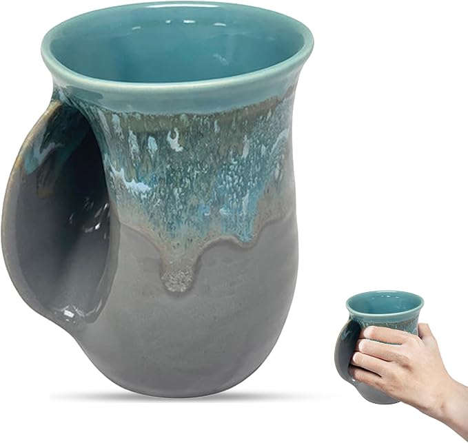 Clay in Motion Hand Warmer Coffee Mug – Handmade Coffee Mug With Comfortable Handle Contoured Pocket Hand Warming Ceramic Coffee Mug – Proudly Made in USA – Left Handed – 14 Oz - Riverstone