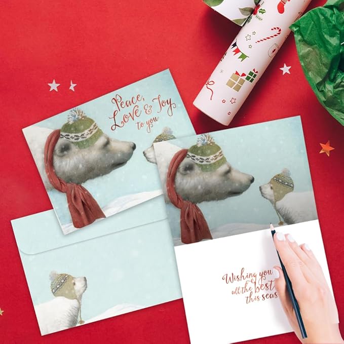 Tree-Free Greetings Peace Love Joy Holiday Cards - 10 Recycled 5x7 Cards & Matching Envelopes, Thick Cardstock, Sustainably Made in USA - Polar Bear Moment