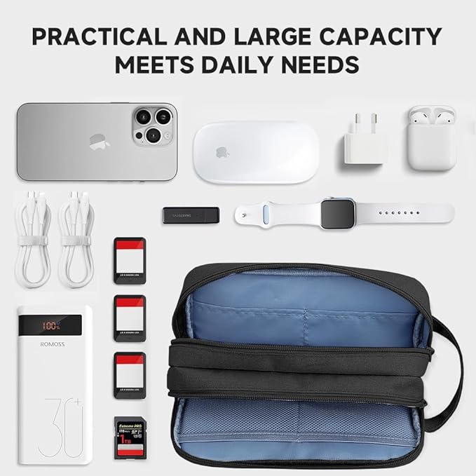 Teskyer Cable Organizer Bag, Travel Electronics Accessories Organiser, Protable Tech Pouch for Phone Chargers, Cables, Flash Drive, Power Bank, Hard Drive, Black, 23.5 x 12 x 9 cm, Double-Layer Cable