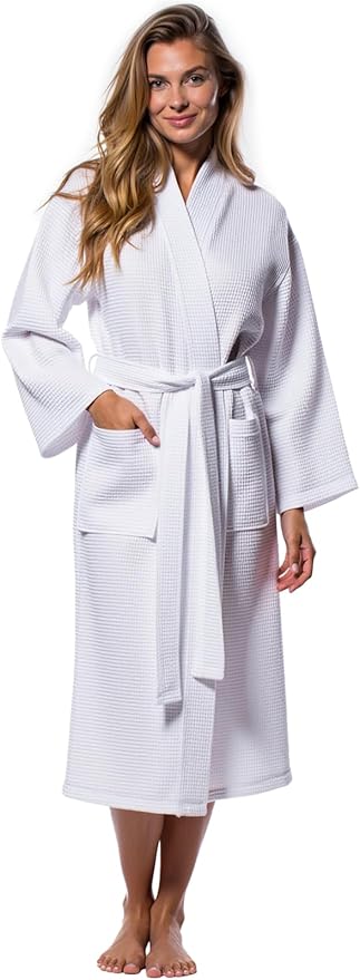 Turquaz Lightweight Waffle Knit Kimono Bathrobe - Soft Cotton Blend Spa Robe, Fast-Drying Full-Length Unisex Robes for Women