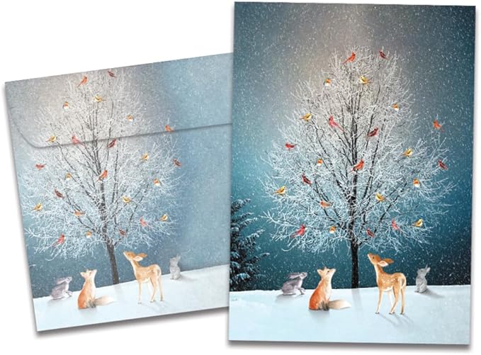 Tree-Free Greetings Bird Tree Holiday Cards - 10 Recycled 5x7 Cards & Matching Envelopes, Thick Cardstock, Made in USA - Magical Woodland Celebration