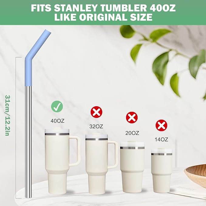 HEYSKAY 3pc Replacement Straws Reusable for Stanley Tumbler 40oz 30oz Metal Replacement Straws with Silicone Tips and Cleaning Brushes